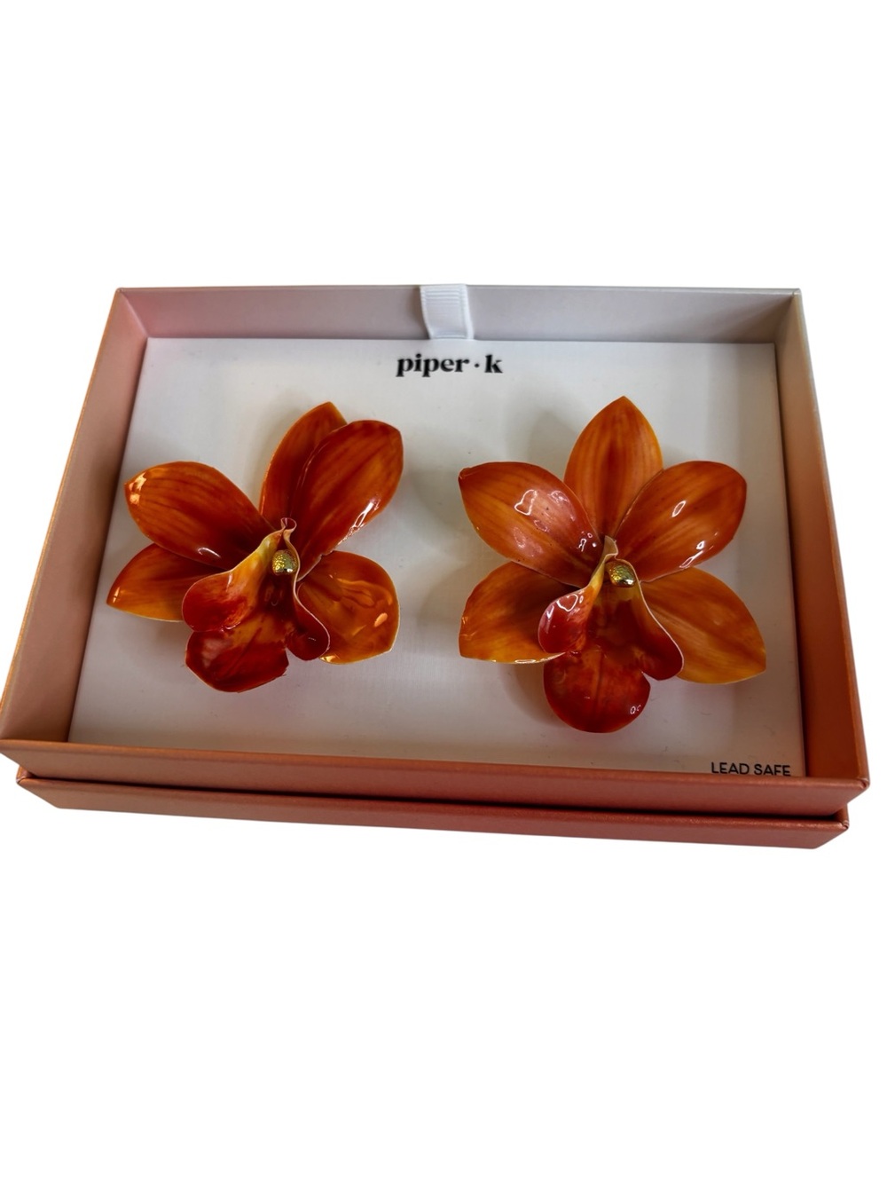 Terracota Colored 3D Orchid Blossom Statement Stud Earrings.